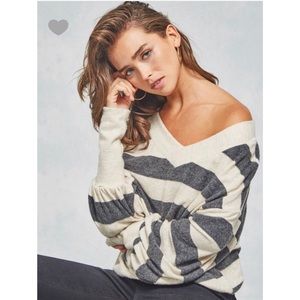 V neckline striped brush knit sweater